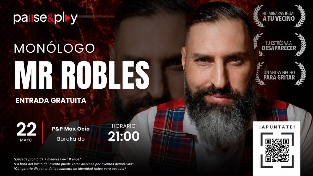Mr__Robles's tweet photo. 🔥 BARAKALDO…PREPARAOS 🔥

El próximo 22 de MAYO a las 21:00 llega “RABIA”, el monólogo de MR ROBLES en P&amp;P Max Ocio.

Un show hecho para gritar, reírte de todo y salir con menos estrés… o con más, depende de cómo vengas 😂

MR ROBLES – Stand Up Comedy
P&amp;P Max Ocio – Barakaldo https://t.co/nGPNSt7AEz