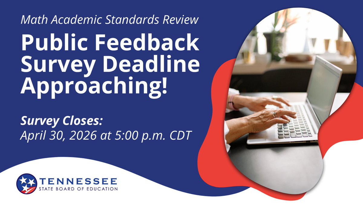 SBEd_TN's tweet photo. 📢 The deadline to share feedback on Tennessee's current K-12 Math standards is approaching.

The public feedback survey closes tomorrow at 5:00 p.m. CDT. Don't miss your opportunity to weigh in on math education in Tennessee!

Take the survey: https://t.co/nnwotZBhXq https://t.co/Edc91S7j62