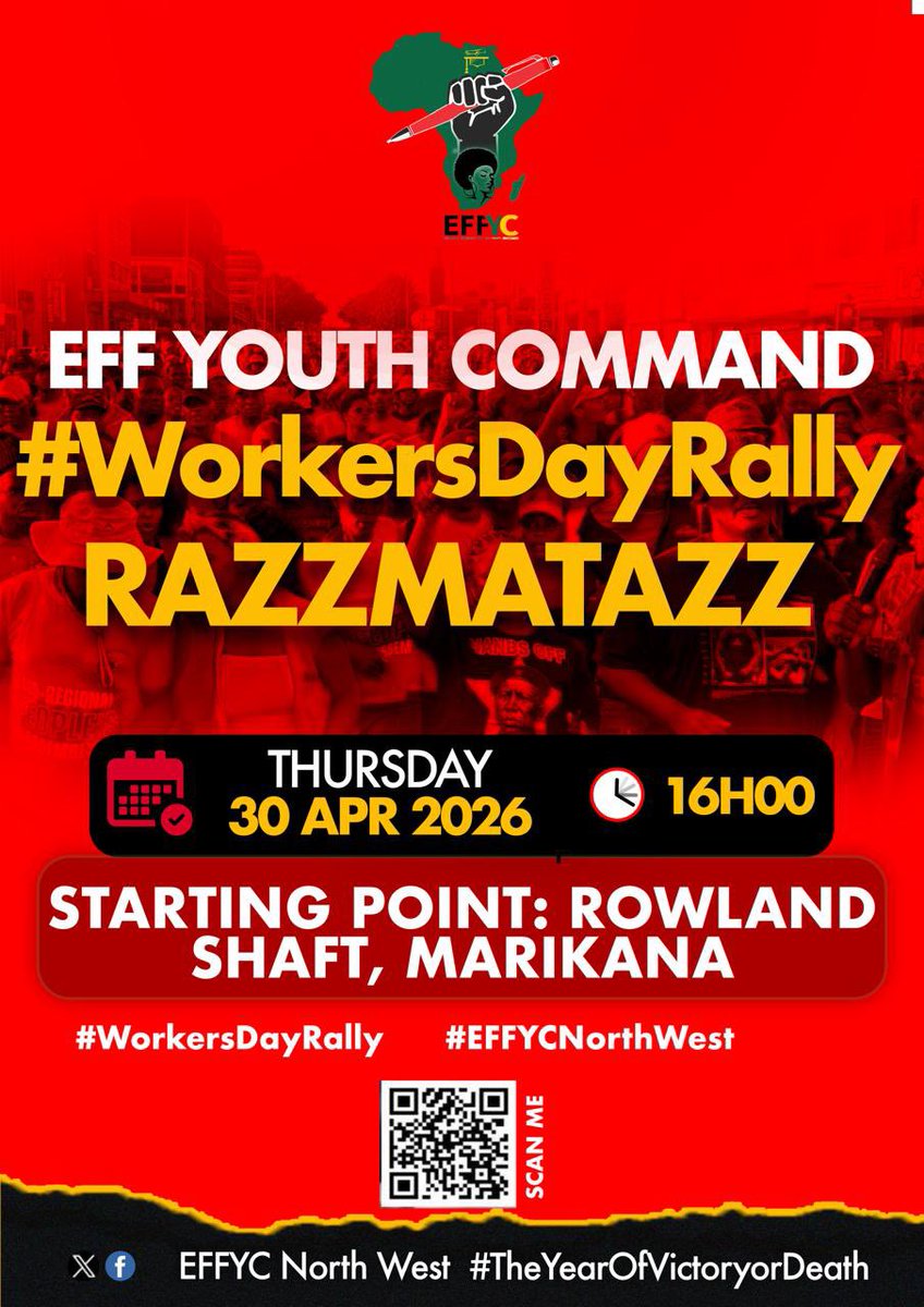 EFFYouthCommand's tweet photo. ♦️ Happening Tomorrow ♦️ 

EFF Youth Command Mobilisation Razzmatazz ahead of CIC Julius Malema's address at the EFF Workers' Day Rally in Marikana, which will be led by the National Leadership of EFFYC

📍 Starting Point: Rowland Shaft, Marikana
⏰ Time: 16H00

All attendees (16 years and above) are requested to bring their ID or Birth Certificate for registration purposes.

#RegisterToVoteEFF
#EFFWorkersDayRally