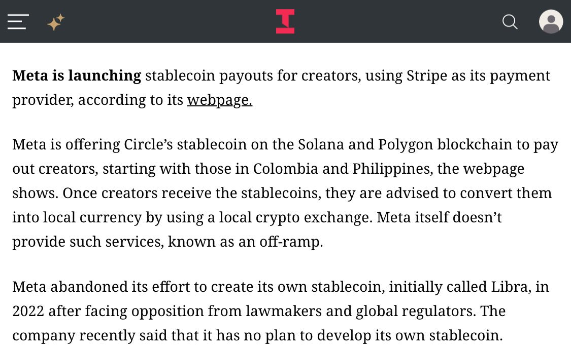 RTB_io's tweet image. JUST IN: Meta enables stablecoin payments for creators. 
#Meta #Stablecoin #Payments