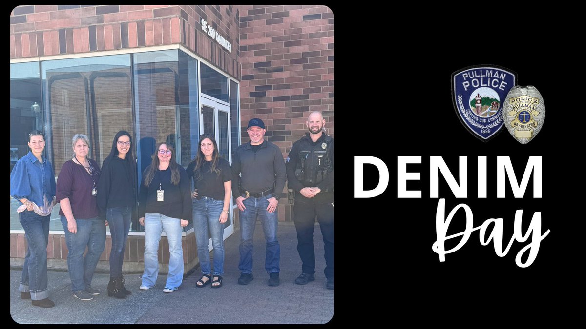 PullmanPolice's tweet photo. It’s Denim Day! 

Members of Pullman PD and @ATVPsupport are proud to join millions of others around the world in challenging dangerous misconceptions about sexual violence. 

Why denim?: https://t.co/JucBneCeYP https://t.co/JTH2sh9DqH