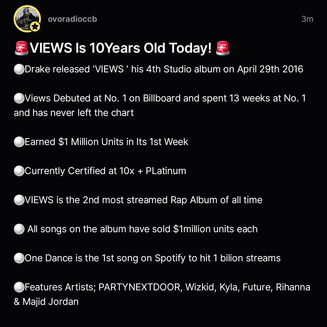 OvoRadioCCB's tweet photo. 🚨VIEWS is 10Years Old Today!🚨 #LiveNow Re-visiting this classic album. #Drake #OVOSound #Views #OneDance #ChildsPlay #Controlla #Grammys #WestonRoadFlows #FeelNoWays #TooGood #UWithMe #KeepTheFamilyClose #Stationhead #TapIn https://t.co/VEkOERTB6R https://t.co/54J7fbbAw9