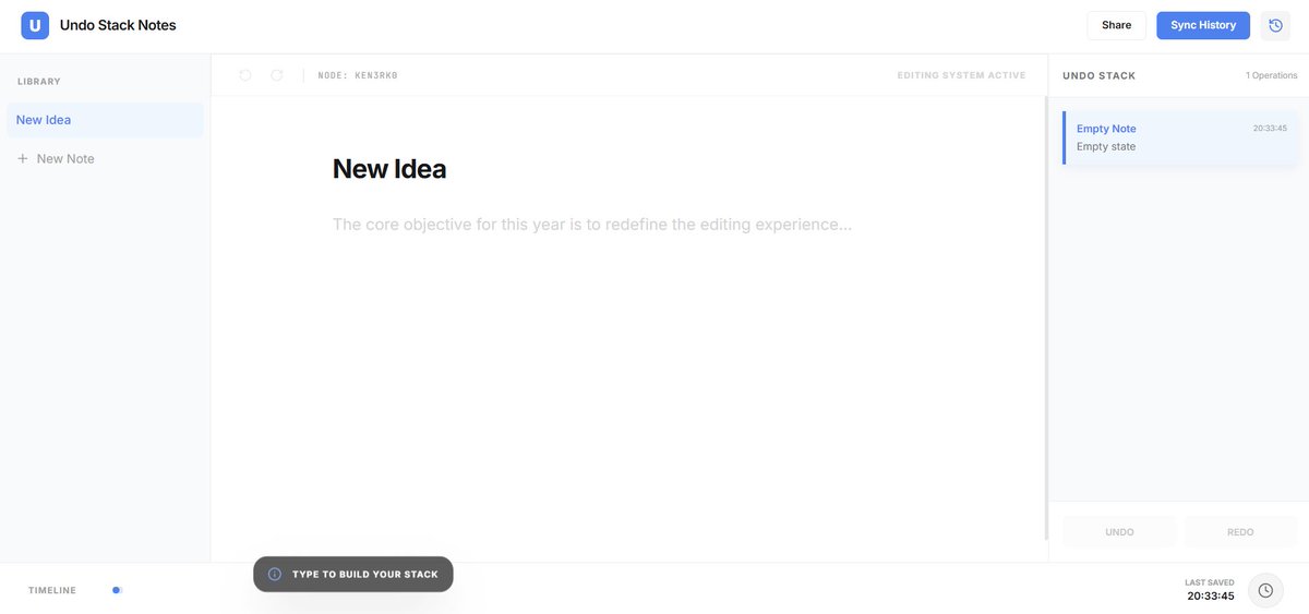 Today is Day 113 of my One Website Every Day challenge.

Live website link: undo-stack-notes.vercel.app

🚀 Project name: Undo Stack Notes

💡 What I built:
A notes app with built-in undo/redo functionality using stack-based logic — making note editing more flexible and forgiving.