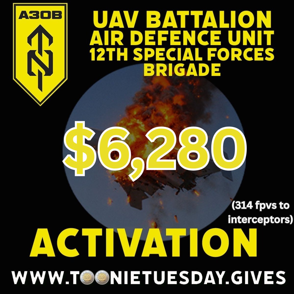 toonie_tuesday's tweet image. ⚙️ ACTIVATION IS A GO!! ⚡️ 
314 fpvs are now interceptors!

🔥 Toonie Legends, YOU powered this forward!

Thanks to your incredible support, we’ve raised $6,280 for the ACTIVATION project with @Azov_one for the UAV Battalion of the Air Defense of the 12th Special Forces Brigade
