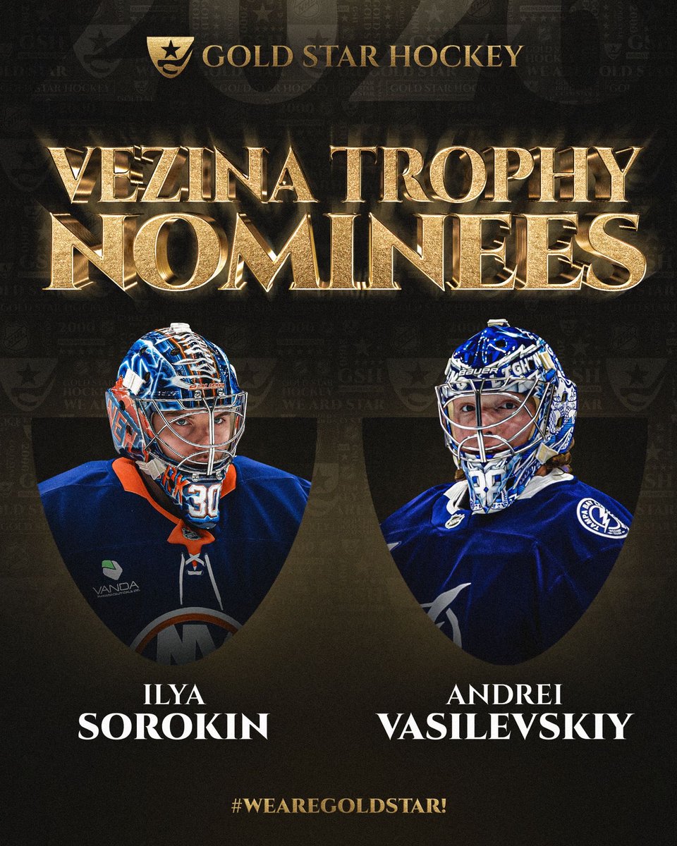 HockeyAgent1's tweet image. Congratulations to Ilya Sorokin of the New York #Isles and Andrei Vasilevskiy of the Tampa Bay #GoBolts on being nominated for the Vezina Trophy as the NHL’s best goaltender! #WeAreGoldStar!