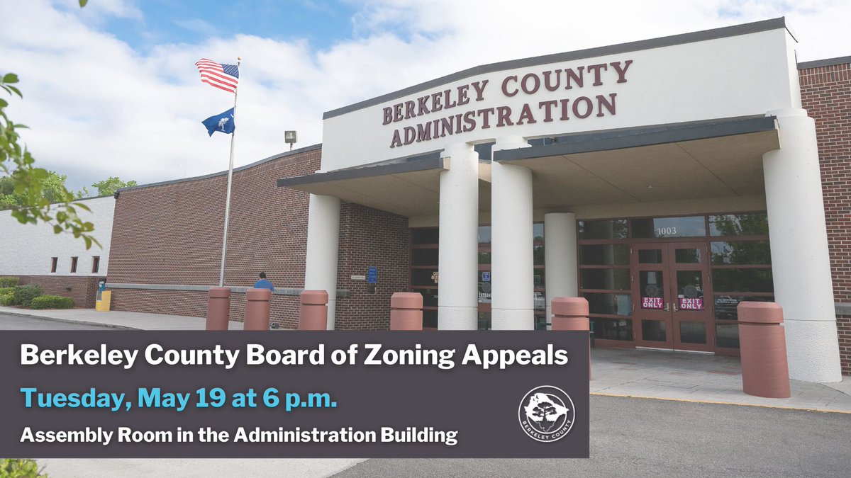 BerkeleySCGov's tweet photo. #BerkeleyCountySC Board of Zoning Appeals will meet 6PM tonight, Tuesday, May 19 at the County Administration Building, located at 1003 Hwy. 52 in Moncks Corner.

To watch the meeting livestream, go here: https://t.co/DJqiIZORUa

Once posted, view agenda here: https://t.co/UuFambW2nS
