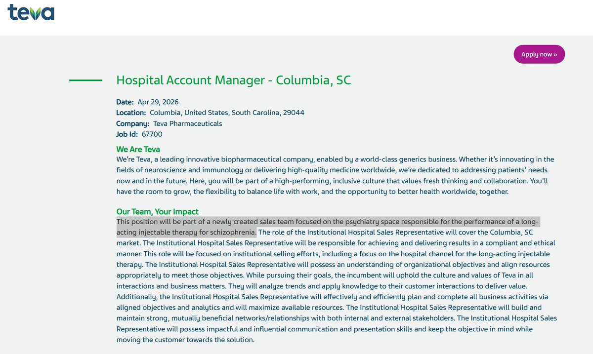 TibTib00399412's tweet image. #TEVA accélère encore ses recrutements pour les produits #Medincell 

This position will be part of a newly created sales team focused on the psychiatry space responsible for the performance of a long-acting injectable therapy for schizophrenia.

careers.teva/search/?q=schi…