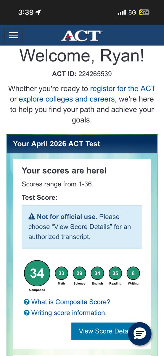 ryanjfritsch's tweet photo. Received a 34 on my ACT! https://t.co/lM8LE6qJdx