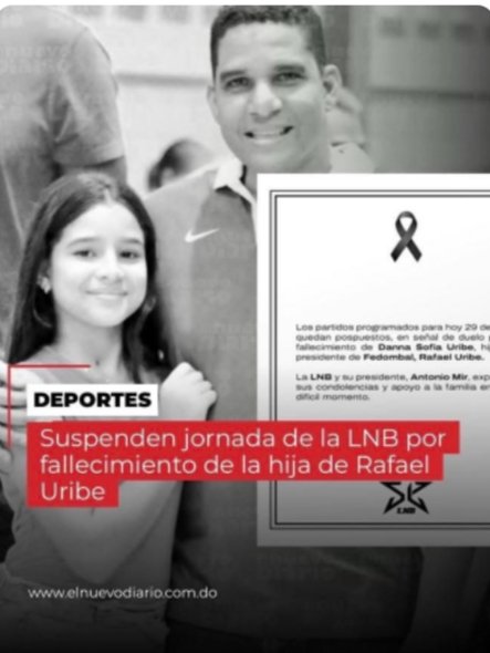 juliocabreraLR's tweet photo. Lamentamos profundamente el fallecimiento de la hija de nuestro presidente de la Federación Dominicana de Baloncesto FEDOMBAL ING Rafael Uribe, paz a su alma; Fortaleza a todos los familiares https://t.co/q1OXf0fSCx