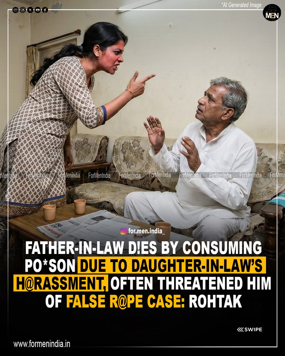 ForMenIndia_'s tweet photo. A farmer aged about 50 years  died by su*cide after consuming po*son, due to prolonged mental harassment arising out of a property dispute. 

According to the deceased's family, tensions started since his eldest son’s marriage around 12 years ago, with continuous disputes involving his daughter-in-law, Savita and her maternal family, including her father (Aazad) and her brother (Praveen).

It is alleged that the daughter-in-law, along with her father and brother, had been exerting pressure regarding property matters and were involved in disputes. 

Yashwant, Pritam's maternal uncle's son said that 3 assault cases had already been registered, and the woman was threatening to implicate Pritam in false criminal cases, including a rape allegation, if the property was not transferred. 

These allegations reportedly caused severe mental distress and reputational harm to the deceased.

On the day of the incident, an altercation broke out between Pritam and Savita after which Pritam went to the Police before returning to his farmland, where he found Savita who misbehaved with him. 

Frustrated, Pritam decided to end his life and consumed po*son, the same day.

In his su*cide note, Pritam directly blamed his daughter-in-law, her father, and brother for harassment, intimidation & false accusations.

Acting on a complaint by the deceased’s son, the police have registered a case against the three accused persons and initiated an investigation.

Source: @dainikbhaskar_

#formenidia