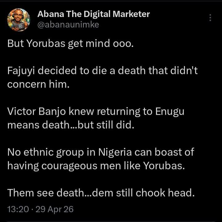 YOLICOM6's tweet photo. That's why I dey shake head for Ibos wey dey call Yorubas and others cowards.

Ojukwu see death...dress like woman and ran to Ivory Coast.

Nnamdi Kanu see death...begin tell court how he is a British citizen.🤣🤣🤣🤣

What about our lovely Phillip Effiong?
 He see death....kept quiet and allowed Ibos kill his Ibibio people.

The only people that come close to the Yorubas in terms of producing courageous men na IJAWS.

Nobody else fit follow Yorubas drag Morals.                                 Unimke Abana