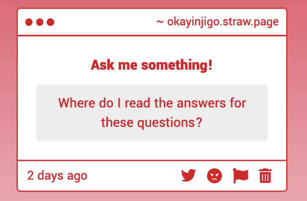 _injigo_'s tweet photo. "Where do I read the answers for these questions?"
https://t.co/pJodoVuq1B

if you're reading this then congrats, you've found it :P https://t.co/oRrBrN4v0m