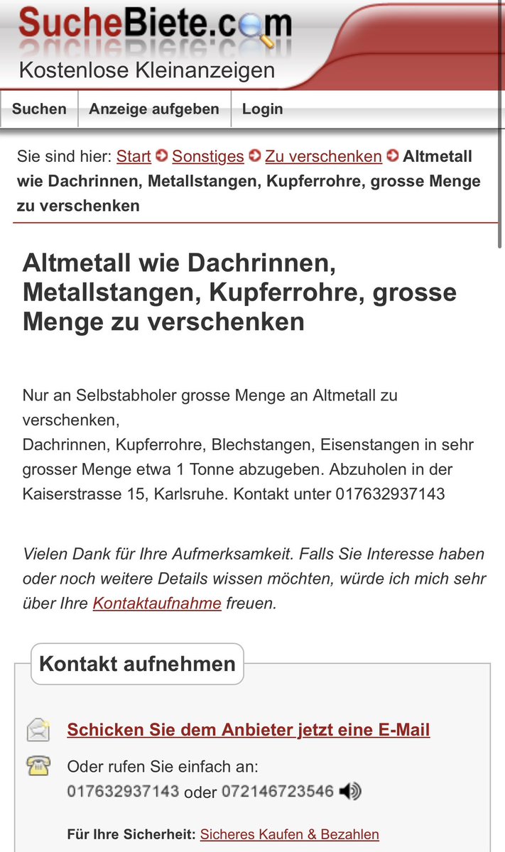 Sturmhorst17111's tweet image. Altmetall &amp;amp; Kupfer zu verschenken!
Bitte teilen.  Kontaktaufnahme 24/7.

🇷🇴Dezmetale și țevi de cupru de dat!
Vă rugăm să distribuiți anunțul, deoarece proprietarul dorește să scape de ele cât mai repede posibil. 
Se poate lua legătura non-stop.

suchebiete.com/Zu-verschenken…