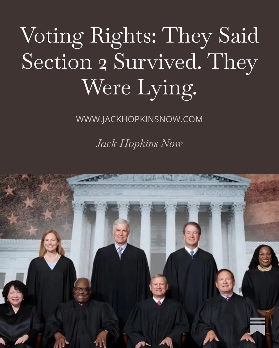Alito built a trapdoor today. 
Word "intentional" replaces word "results." 
Forty years of voting rights, gone. 
He didn't strike down the law… he hollowed it. 
Here's how the trick works.
JackHopkinsNow.com