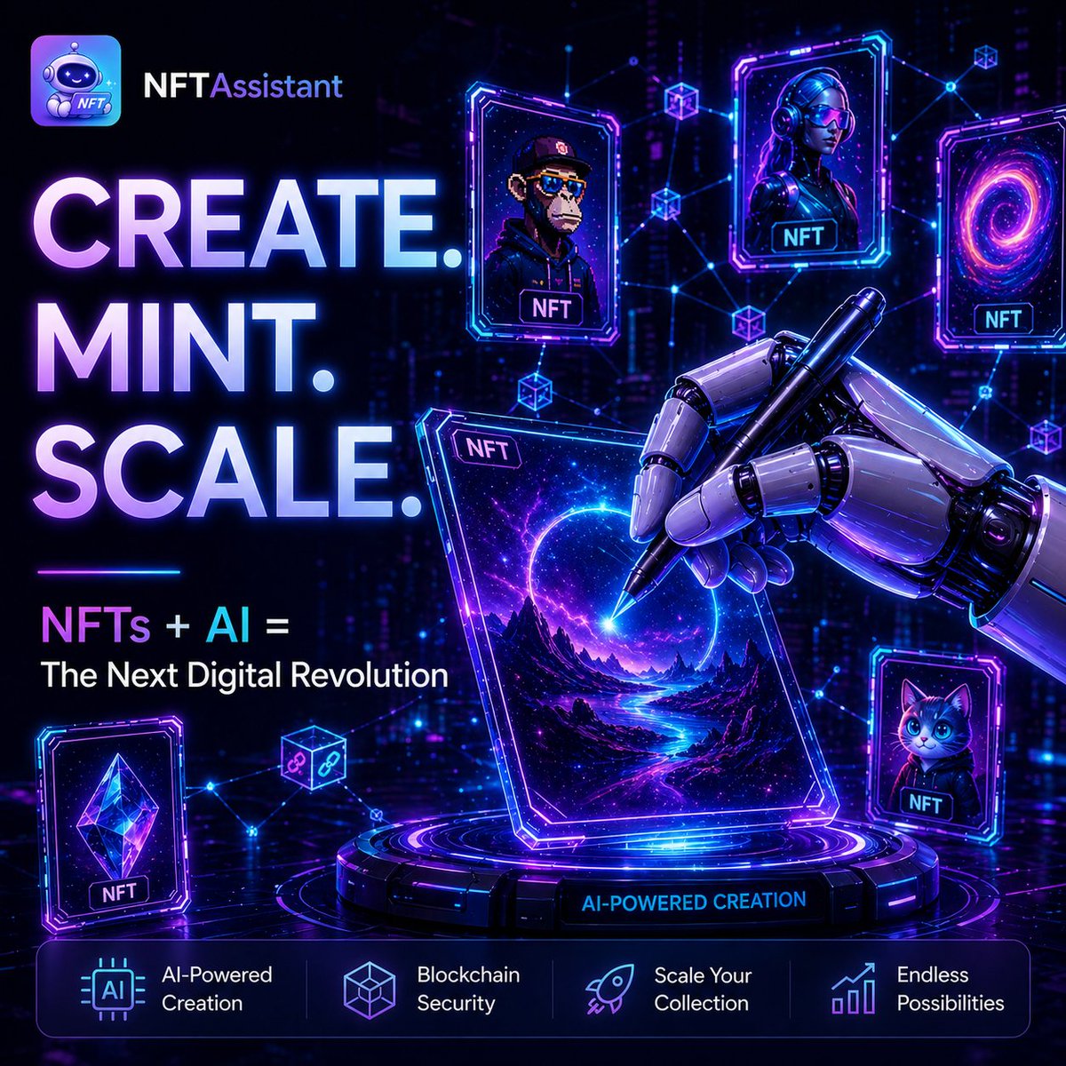 nftassistant's tweet photo. 🚀 The future of NFTs isn’t coming… it’s already here.

AI is transforming how creators build, launch, and scale #NFTprojects.

From concept generation to collection strategy, automation is changing the game. https://t.co/VuQHz1n6XB
