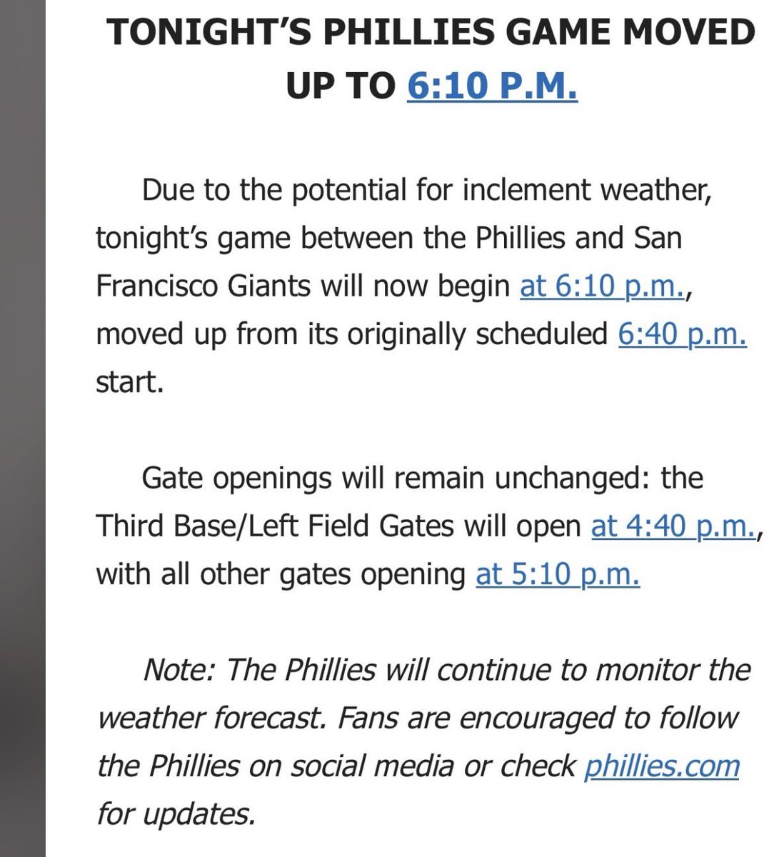 Tonight’s game will start at 3:10 Pacific because of inclement weather