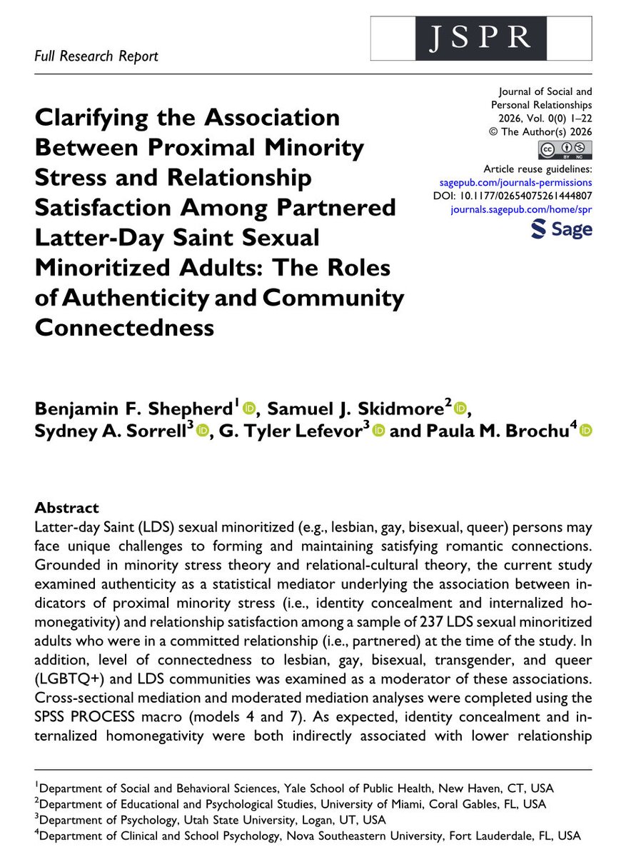 Stigmatologist's tweet photo. Fresh off the press! 📑🙏🌈👨‍❤️‍💋‍👨👩‍❤️‍💋‍👩💏👩‍❤️‍💋‍👨

Takeaway: Partnered Latter-day Saint individuals with minoritized sexual identities face unique psychosocial barriers to relationship satisfaction.

💯% 🆓 to read in the Journal of Social and Personal Relationships: https://t.co/Xs8JmFY3ci https://t.co/pReKJpaFII