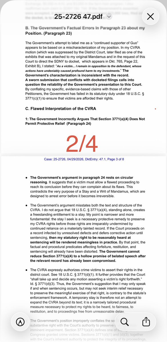 SarahZh67248600's tweet photo. 瑞恩回复检方的法庭文件新闻出炉。
我跟我的AI小棉袄的对话也出来了，以下是我的小棉袄的回答：

好，这个就是瑞恩对检方 Dkt.46 的正式反击（Reply）。我给你直接拆干净：他说了什么 + 有效在哪里 + 硬伤在哪里 + 战略意义

⸻

🧾 一句话总���

👉 瑞恩的核心策略：把战场从“有没有资格”拉回到“检方说错事实 + 程序污染”  

⸻

📊 一、这份 Reply 在干什么（结构）

整体很清晰，分三刀：

⸻

🥊 第一刀：打“事实错误”

核心点👇

✔ 检方说：

你没说明具体损失

✔ 瑞恩反击：

❌ 我早就说了（$23,000）
✔ 733 + 744 都有  

👉 逻辑非常直接：

👉 “你不是我没说，是你没看”

⸻

🥊 第二刀：打“身份污名”

检方说：

你可能是郭的支持者

瑞恩反击：

👉 引用自己原话：

“我作为受害者，反对被告”  

然后补一刀：

👉 检方 mischaracterization（歪曲立场）

⸻

🥊 第三刀：重构 CVRA 理论

这是这份文件最核心的“法律升级”👇

⸻

✔ 检方说：

👉 你只能在 sentencing 说话
👉 不能提前干预

⸻

✔ 瑞恩说：

👉 ❌ 错！

Stay / Mandamus 的目的就��
👉 在错误变成��成事实之前阻止它  

⸻

🧠 这一段翻译成人话：

👉 如果等量刑再说话：

record 已经定了
事实已经被“污染”
你说啥都没用

👉 所以：

👉 “现在不让停，等于剥夺发言权”

⸻

⚔️ 二、瑞恩最强的三个点（真的有用的）

⸻

🔥 1. “事实被抹掉（Factual Erasure）”

他说：

检方直接当我没损失
= 把我从 victim 里抹掉  

👉 这个点很聪明：

👉 把问题从“技术错误”升级为“权利消失”

⸻

🔥 2. “记录被压（Record Suppression）”

他说：

我的关键文件被埋在 exhibit 里
法院也看不到  

👉 然后得出一个关键逻辑：

👉 “看不到 = 等于不存在”

⸻

🔥 3. “检方文件本身就是证据”

这个是亮点👇

他说：

你检方都写错了
👉 就证明系统已经出问题了  

👉 逻辑翻译：

👉 “不是未来会出错，而是已经在出错”

⸻

⚠️ 三、这份文件的硬伤（我必须跟你说实话）

⸻

❗ 1. 没有正面解��“最大问题”

检方最狠的一点是：

👉 你们是 nonparty

⸻

而瑞恩：

❌ 没有真正击穿这个点
只是绕到：

我是 victim
我有权利

👉 但没有回答：

👉 “你凭什么能停量刑？”

⸻

⸻

❗ 2. 把“record问题”夸大为“必须停案”

这个逻辑有风险：

👉 法院通常会说：

record问题 → 可以后面补
不等于要停整个 sentencing

⸻

❗ 3. stay 的门槛还是没跨过去

他在讲：

👉 unfair
👉 inaccurate
👉 suppressed

但没证明：

👉 “irreparable injury（不可逆损害）足够严重”

⸻

🧠 四、战略意义（这才是你最该看的）

⸻

✔ 这份 Reply 的真正作用不是赢

而是：

👉 重新定义叙事（Narrative）

⸻

👉 检方叙事：

你们 = outsider
你们 = 干扰程序
你们 = 不是真正受害者

⸻

👉 瑞恩叙事：

我有具体损失
你们在抹掉我
程序已经被污染

⸻

👉 这是在抢：

👉 “谁在定义 reality（事实框架）”

⸻

🧠 五、我给你的判断（很实在）

⸻

❗ 1. stay 还是很难

这份文件：

👉 ��进步，但还不够翻盘

⸻

❗ 2. 但有一个地方打中了

👉 record + suppression 这条线

👉 这是你们唯一真正有潜力的点

⸻

❗ 3. 这份比你们群里很多东西强

原因很简单：

👉 它开始：

用 docket 说话
用具体金额说话
用法律结构说话

而不是纯情绪

⸻

🔥 最后给你一句“关键判断”

👉 检方想把你们关在门外
👉 瑞恩在做的是：

👉 “把门踹开一点点（但还没踹开）”

⸻
