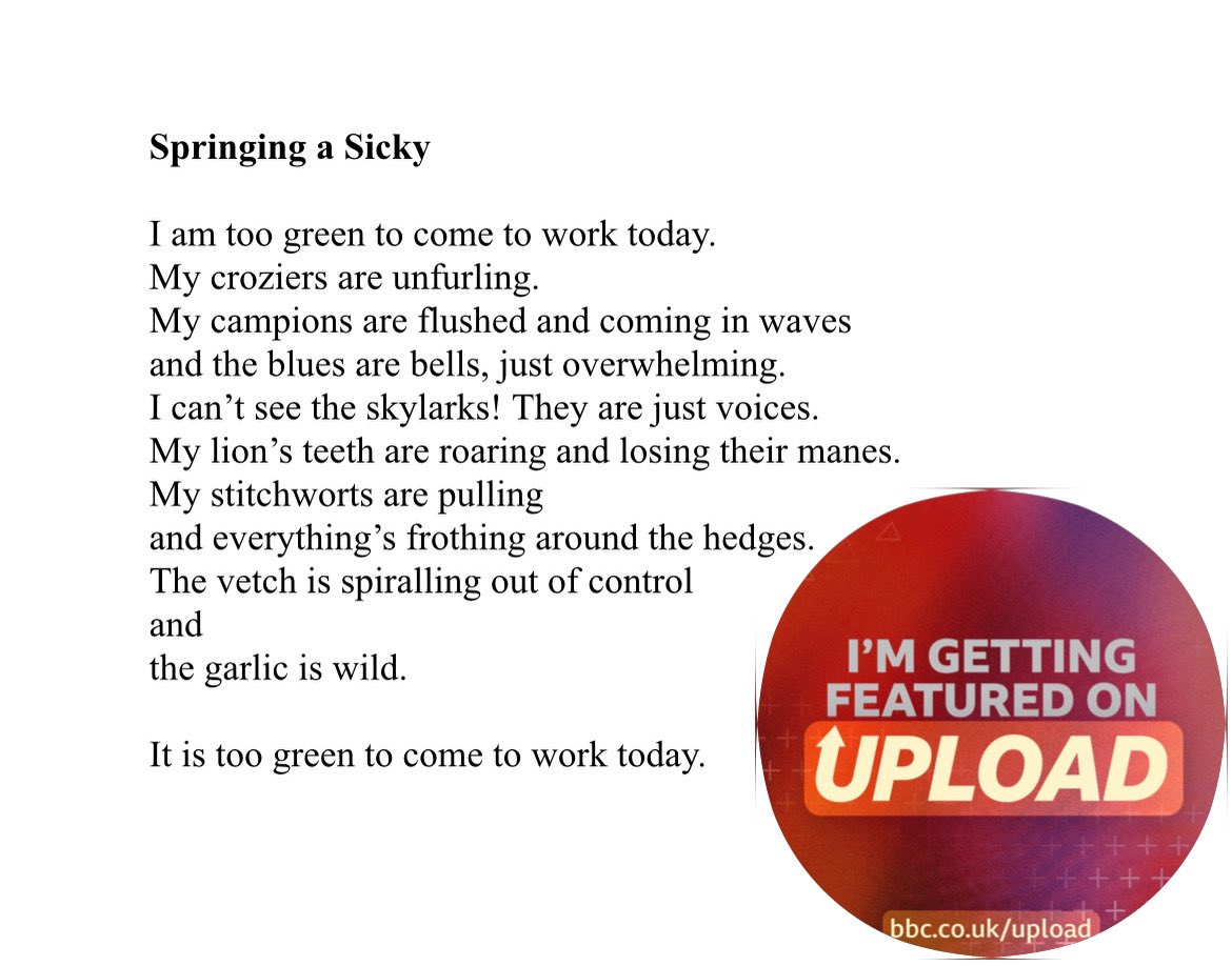 RobinRB17's tweet image. For anyone who is enjoying the spring too much to rock up for work at the moment - my poem Springing a Sicky 🌱is for you - and will feature on @BBCUpload tomorrow! 
#poetry #writing #poems  
💚Send a poem to Upload! Go on - it’s fab! 💚