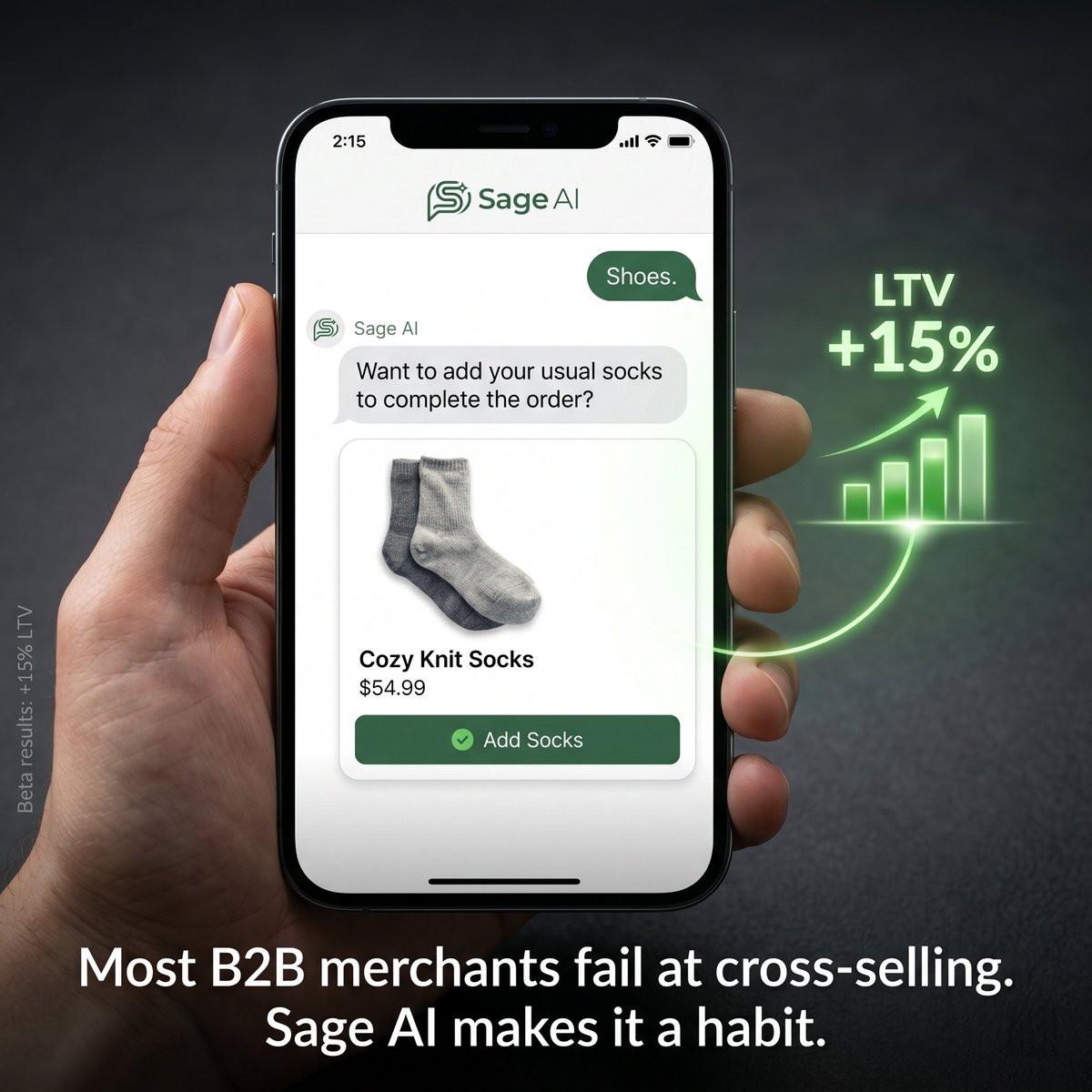 sage_ai_chatbot's tweet image. Ditch the generic "Customers Also Bought" widget. 

Sage AI uses memory to cross-sell. When a B2B buyer asks for shoes, we remind them of their usual socks. It’s personalized service, not a pushy upsell.

The result? A +15% increase in LTV. 

#B2B #EcommerceAI #Conversion #SageAI