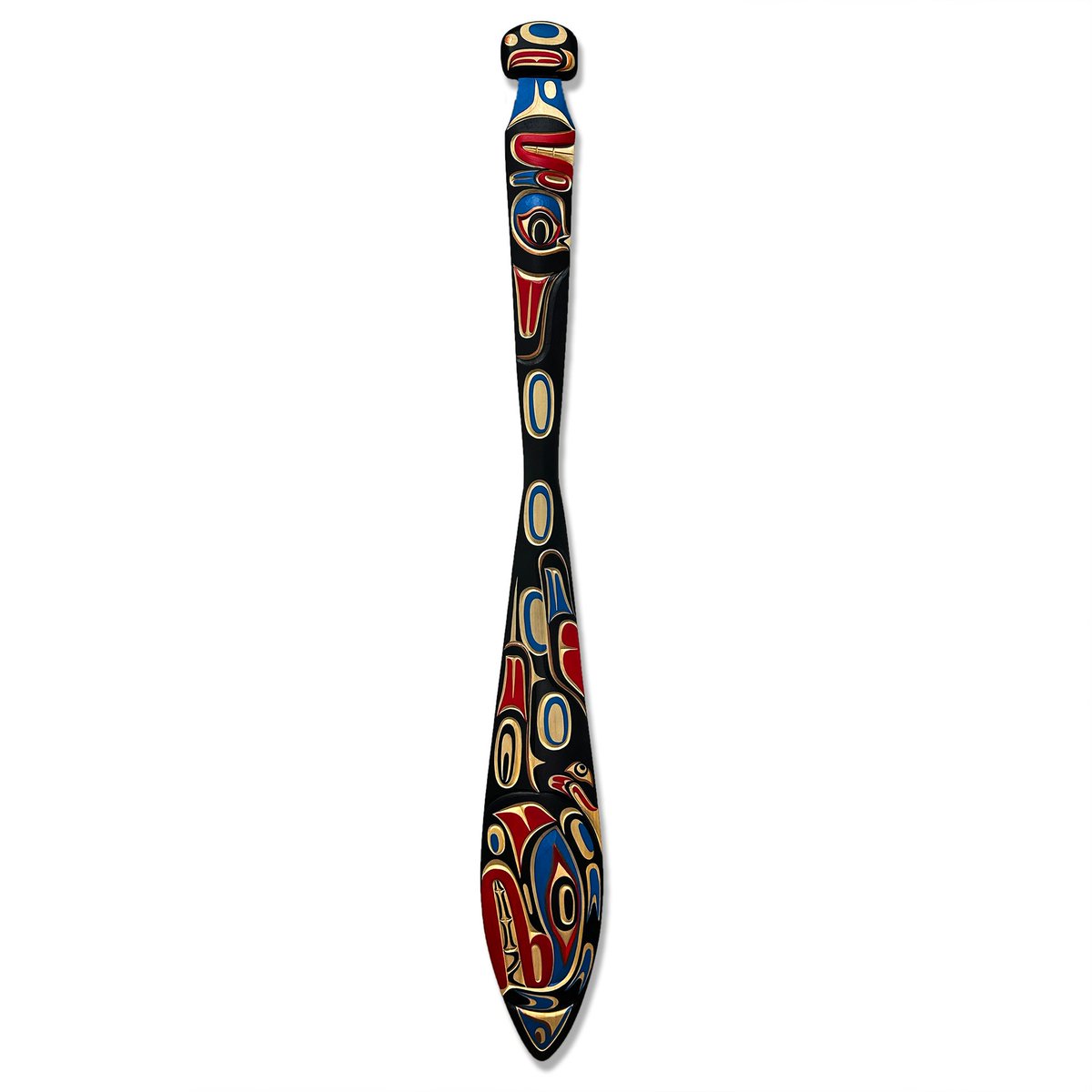 spiritsgallery's tweet photo. These Orca and Eagle Paddles are the work of Kwakwaka'wakw artist Tom D. Hunt. Their surface is brought to life through the bold application of primary and secondary coloured acrylics, lending the piece a striking visual presence while honouring traditional form and design. https://t.co/THjzRSSNlC