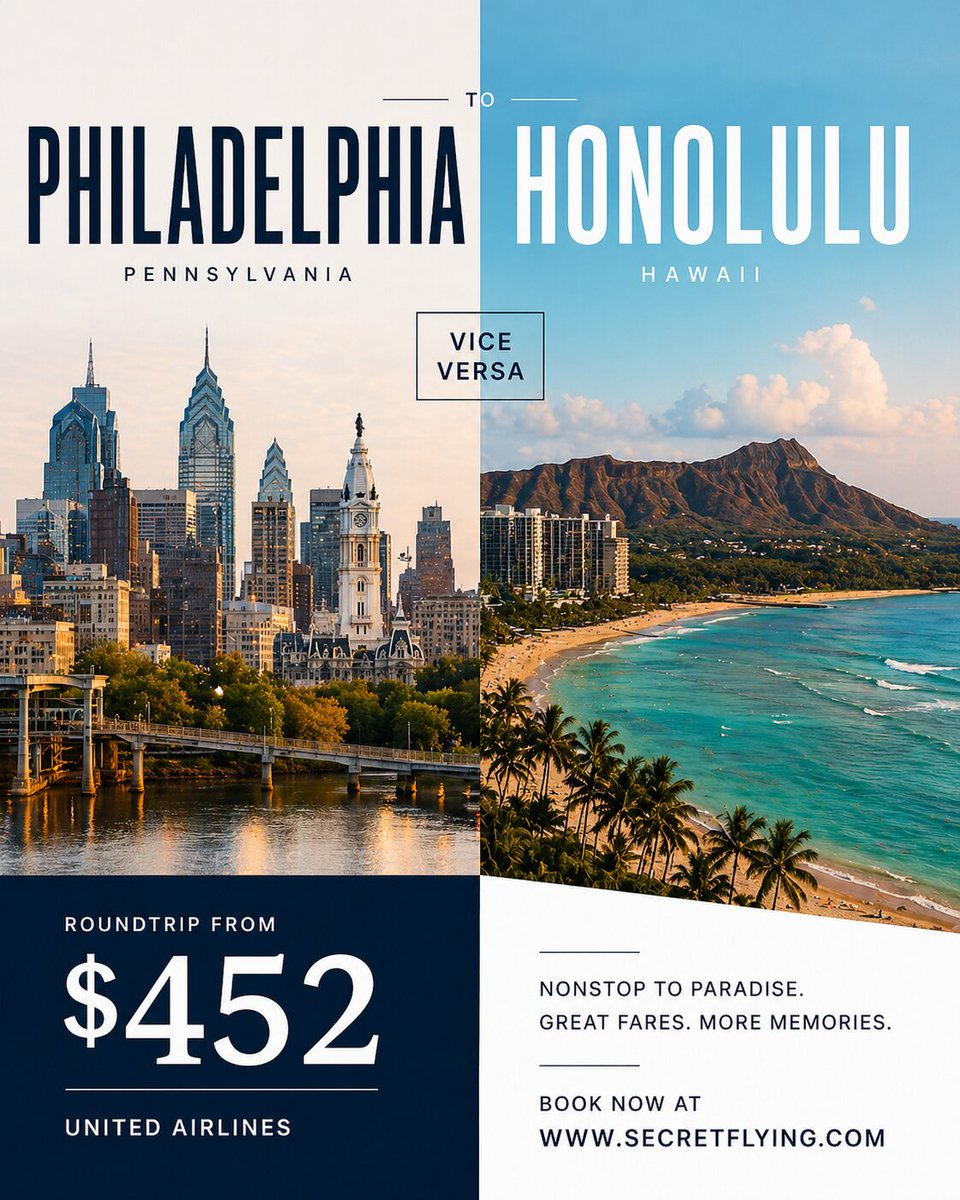 SecretFlying's tweet image. #Philadelphia to #Honolulu, Hawaii (&amp;amp; vice versa) for only $452 roundtrip with United Airlines #Travel

secretflying.com/posts/philadel…