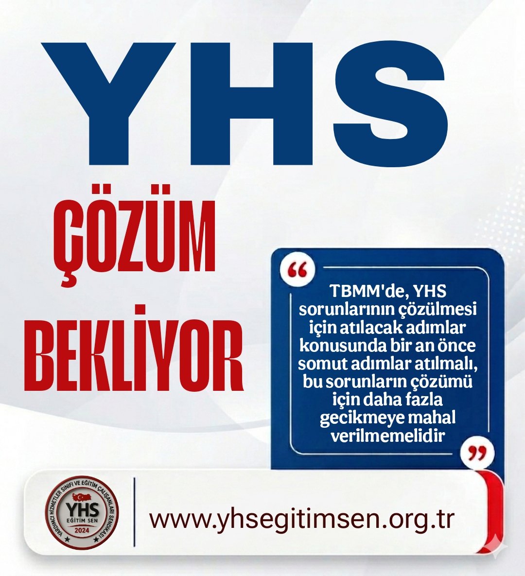 TBMM'de, YHS sorunlarının çözülmesi için atılacak adımlar konusunda bir an önce somut adımlar atılmalı, bu sorunların çözümü için daha fazla gecikmeye mahal verilmemelidir

#YhsÇözümBekliyor

<a href="/RTErdogan/">Recep Tayyip Erdoğan</a> <a href="/hasandogan/">Hasan Doğan</a>
<a href="/eczozgurozel/">Özgür Özel</a> <a href="/csgbakanligi/">T.C. Çalışma ve Sosyal Güvenlik Bakanlığı</a> <a href="/MDervisogluTR/">Müsavat Dervişoğlu</a> <a href="/dbdevletbahceli/">Devlet Bahçeli</a>