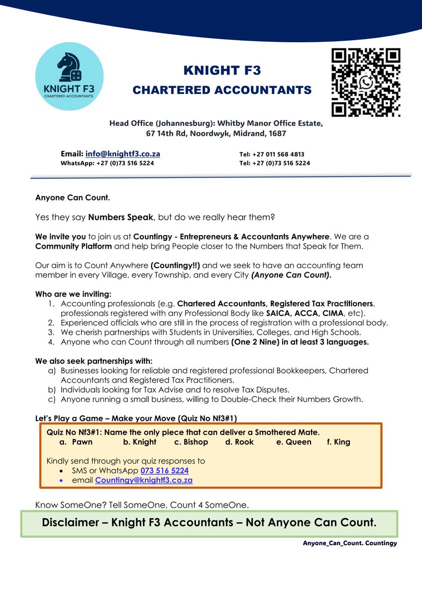 eMbano_ThankYou's tweet photo. Don't get an unexpected Check from the Taxman.
Double check your Numbers with Knight F3 Chartered Accountants and stay ahead of the game.
Make your Move - Knight F3.
#ReliableBookkeeping
#TaxReturns
#VATReturns
#FiveHundredRandBookkeepersClub
#FiveRandPayslipClub
#Countingy https://t.co/xL8oOQjIpF