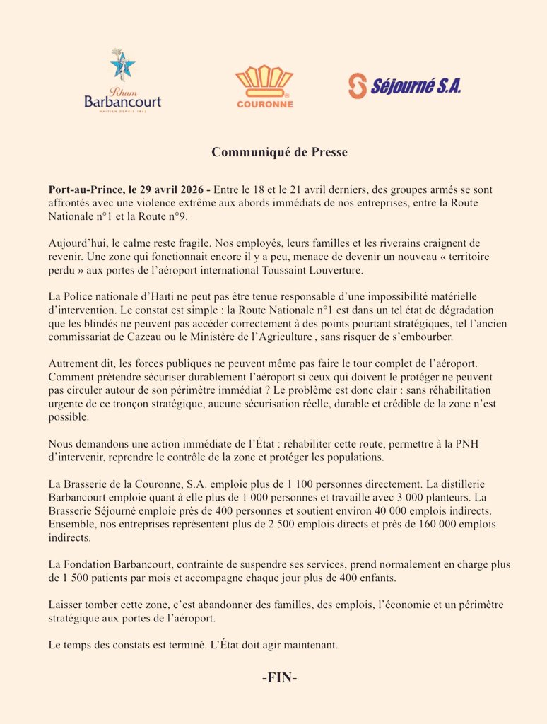 PresseInfos1's tweet image. 🔴 Barbancourt, Brasserie de la Couronne et Séjourné S.A. alertent sur la RN1 et route n°9 près de l’aéroport Toussaint Louverture.
Affrontements, routes dégradées et appel urgent à l’État pour protéger les emplois.
#Haïti #Sécurité