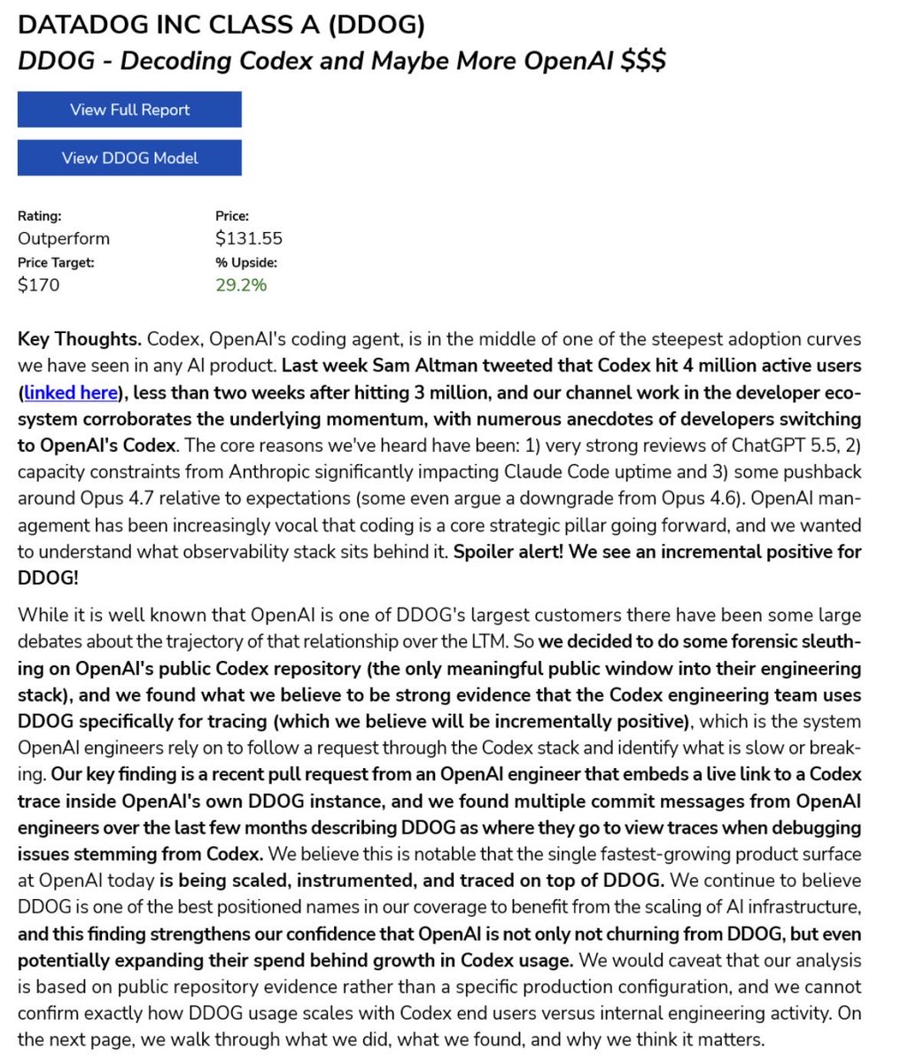 DDOG bill at OAI likely back up - great work from Alex Zukin @ Wolfe Research