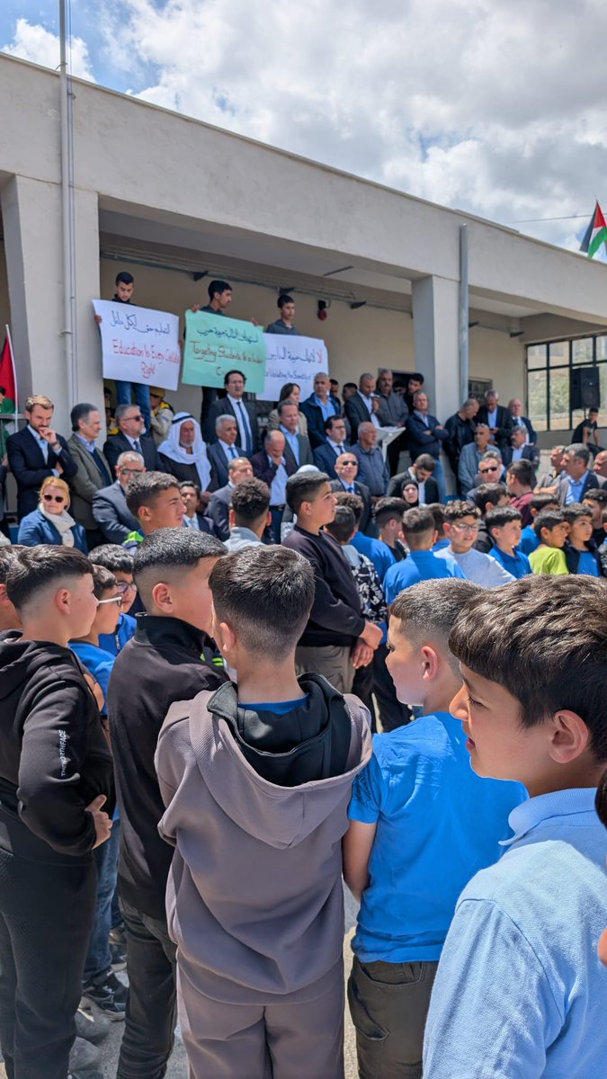 GerRepRamallah's tweet photo. A boy and a man were shot dead at a school in Al Mughayyir. Today 🇩🇪 took part in a solidarity visit to the school together with many missions and international observers. The message was clear: This was not an accident. Settler violence has to stop. https://t.co/Mk0rVhPRce