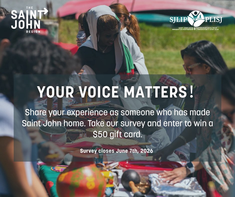 SJNewcomersCntr's tweet image. 🌟 New to Saint John Region? Take the 2026 Immigrant Survey! Share your living/working experiences (20 min). Help shape newcomer support! Win 1 of 5 $50 gift cards. Survey: newtosaintjohn.ca/immigrant-surv… #SaintJohnRegion #OurRegionOurHome #AlwaysMovingForward #ImmigrantSurvey