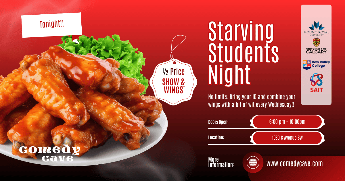 ComedyCave's tweet photo. Last Student Night of April.

🍗 Half-Price Wings
😂 Half-Price Shows
🦖 Dino Dinner &amp; Show Combo also running

Use Promo Code 'STUDENT50' at purchase to get 50% off Show tickets and/or Wings.

🎟️ Grab your seats: https://t.co/rROZEaOW7I https://t.co/BN0brDxR9h