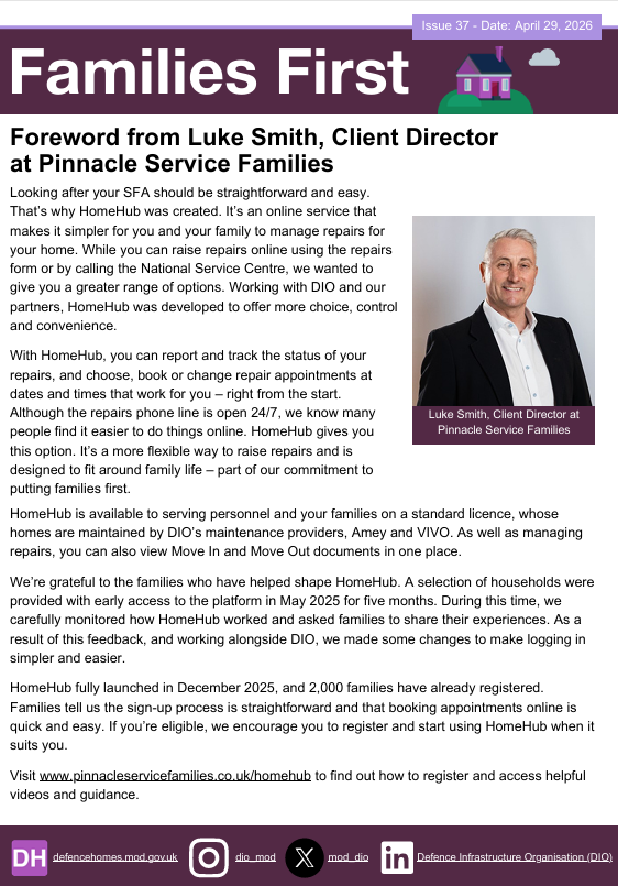 ArmyHIVEinfo's tweet image. The latest issue of the @mod_dio  Families First newsletter, featuring the latest Defence housing news and updates, is now available to view and download ⬇️
defencehomes.mod.gov.uk/families-first/
#armyhiveinfo #armedforces #armedforcescommunity  #military