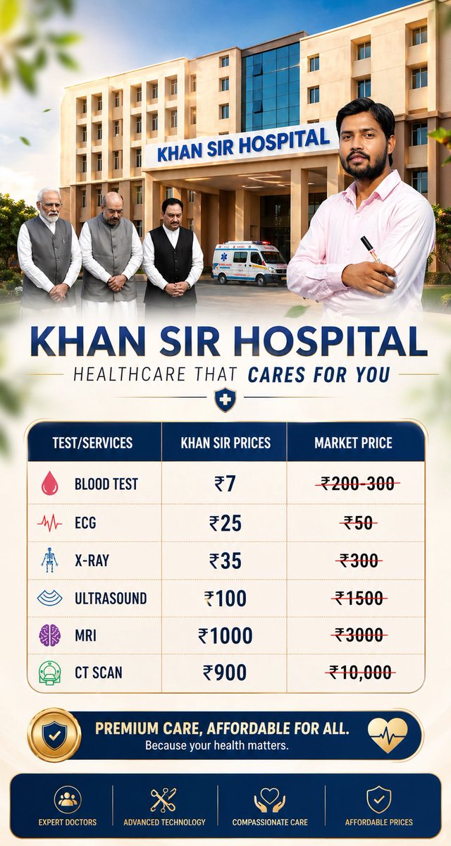 subgquiz's tweet image. Khan Sir ka healthcare 💙 Affordable &amp;amp; trusted care for all.

#KhanSir #KhanSirHospital #AffordableHealthcare #HealthFirst #MedicalCare #IndiaHealthcare #StayHealthy #QualityCare