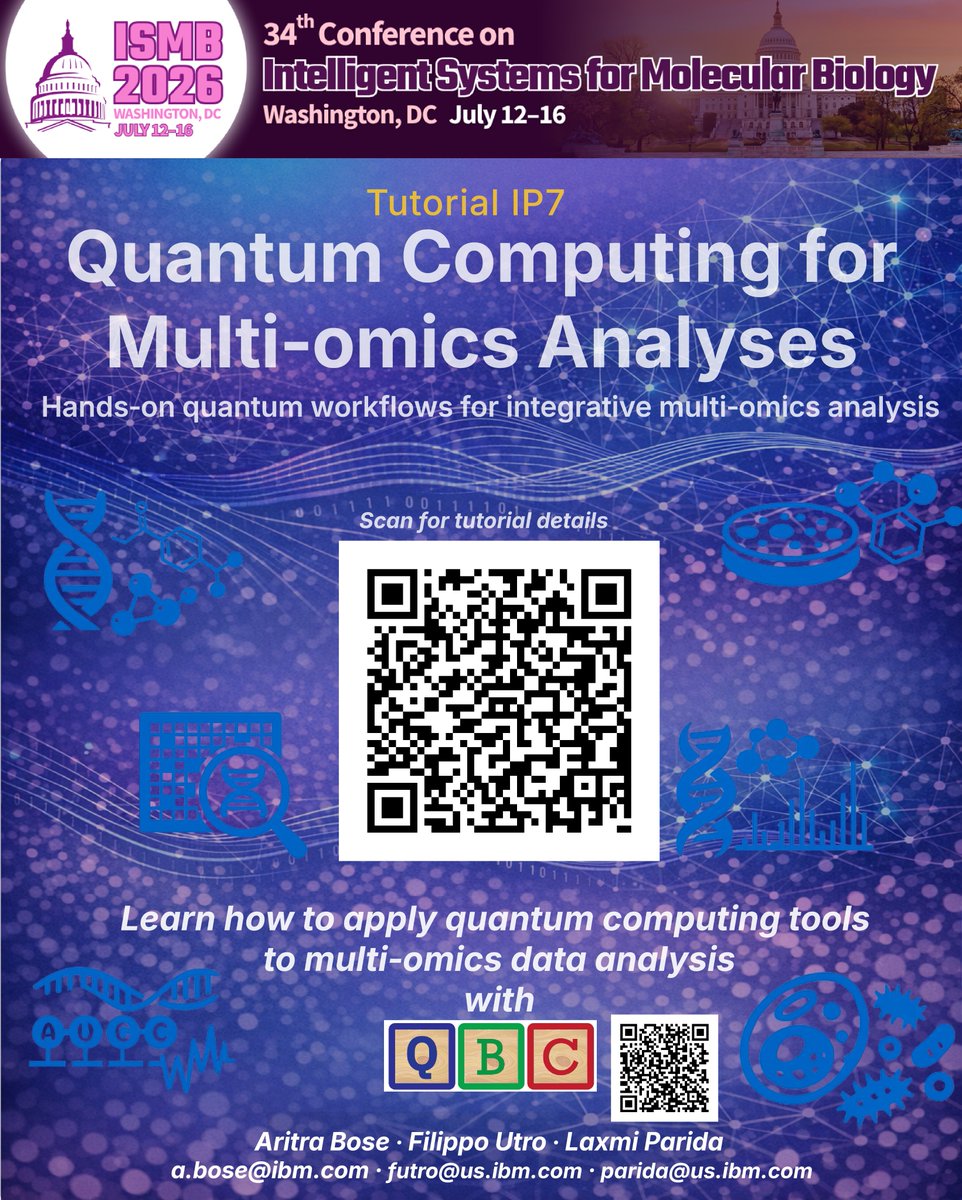 FilippoUtro's tweet image. 🧬 ⚛️ ISMB 2026 | Quantum Computing for Multi‑omics Analyses
Excited to announce our tutorial on practical  workflows for  #MultiOmics data, bridging Classical and #QuantumComputing

👉  More info &amp;amp; registration: lnkd.in/e9rXJ46s

#ISMB2026 #Bioinformatics