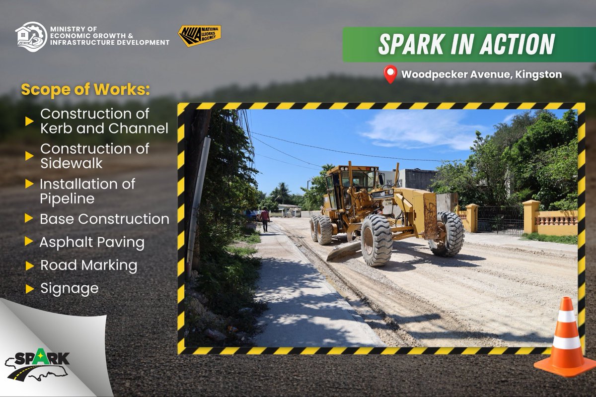 megid_jm's tweet photo. SPARK is at work on Woodpecker Avenue!
The Shared Prosperity through Accelerated Improvement to our Road Network (SPARK) Programme continues to strengthen Jamaicaβs road infrastructure and improve the commuting experience.
π Woodpecker Avenue
#SPARKInAction https://t.co/ZkWpObUxaN