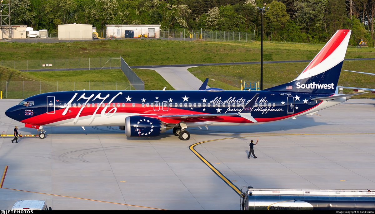 flightradar24's tweet photo. “Independence One” enters service today with @SouthwestAir bringing the special livery 737 to Philadelphia, where the Declaration of Independence was signed 250 years ago. Follow the flight at https://t.co/mCDac2RqDQ https://t.co/c0BrVZnE9b