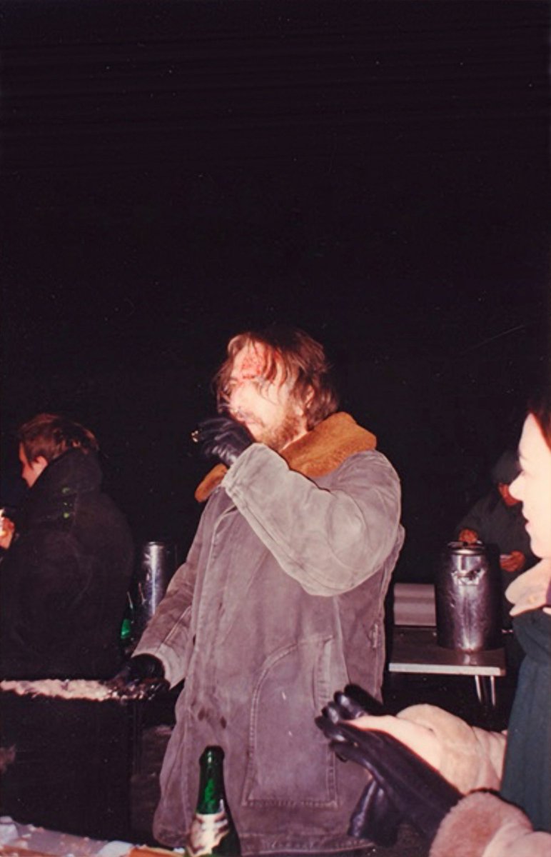 Alan__Rickman__'s tweet photo. Behind the scenes of “Rasputin”, November 1995

Marianne Dimant: “First they rehearsed - Alan Rickman dutifully drank the “poisoned Madeira” (which was actually grape juice) and ate the pastries. Three pastries, three glasses of juice. Then came “Attention, camera, action!”
Yusupov ran upstairs, grabbed the revolver, ran back down and there was Grigory Efimovich, sitting there alive and singing “Don’t fly, eagle, too close to the ground”.

Meanwhile, a pyrotechnician was lying on the floor on standby. Under Rasputin’s shirt was a complicated setup of wires connected to a bag of red paint. Felix fires the shot, the pyrotechnician remotely yanks the wires, the shirt tears, a bloody stain appears on the chest… but there’s no gunshot sound.
So, back to square one. They change Rasputin’s shirt, attach a new blood bag. Take two. More pastries, even more pastries, and more juice, of course. “Don’t fly, eagle…” Felix runs upstairs again, comes back with the revolver, raises his hand - the pyrotechnician pulls the wires, the shirt rips… still no gunshot. “Fuck!” yells Felix, furiously throwing the gun aside. By now Rickman is turning a bit green and whispers pathetically: “I’m feeling sick.” No wonder!

Take three. Back to positions. New shirt on Rasputin, Felix gripping the pistol so tightly his knuckles are white, the pyrotechnician is in position, everyone holding their breath. But no luck. This time Felix shoots successfully, but now there are problems with the pyrotechnics.
Third take, fourth, fifth - they keep changing shirts, adding fresh blood, more pastries, more Madeira (damn that stuff).

In the end: Alan Rickman heroically ate eighteen pastries (well, he didn’t finish all of them, but he took big bites out of many) and drank eighteen glasses of grape juice. The juice seemed to be coming out of Rickman’s ears and nostrils by that point, and someone even ran to the pharmacy for activated charcoal.

They finished off Rasputin the next day where they were supposed to, in the courtyard of the Yusupov Palace, on a frosty December evening. They got thoroughly chilled. But compared to the previous day’s pastries and juice, it was nothing. They generously covered Rickman in fake blood, and he fell into the snow about five times, struck by Purishkevich’s bullet.
That same evening we went to the Malaya Nevka and quickly dumped the Rasputin dummy from the bridge. We celebrated right there on the bridge, drinking ice-cold champagne.” (“g��rоd-812 ru”, December 2020)

Alan Rickman: “To the wooden bridge (the actual bridge) for the throwing over of Rasputin. Ten degrees below is a jaw-dropping temperature with gloves and coat off, so I hid in the car as much as possible. I hate last nights, last shots, goodbyes. Casual as possible is all I can do – hard in the face of an outpouring of affection from the Russian crew. Makes me wish we were here longer and with more sensitive leaders.
But the champagne and cake is a happy farewell as the circus moves on.”
(“Madly, Deeply: The Alan Rickman diaries”)