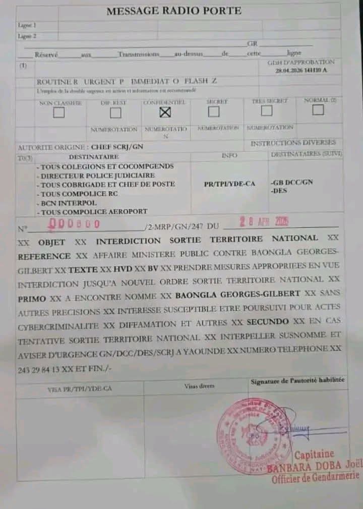 TheCameroonianZ's tweet image. Interdiction de sortie du territoire contre Georges Gilbert Baongla. 

#Cameroon