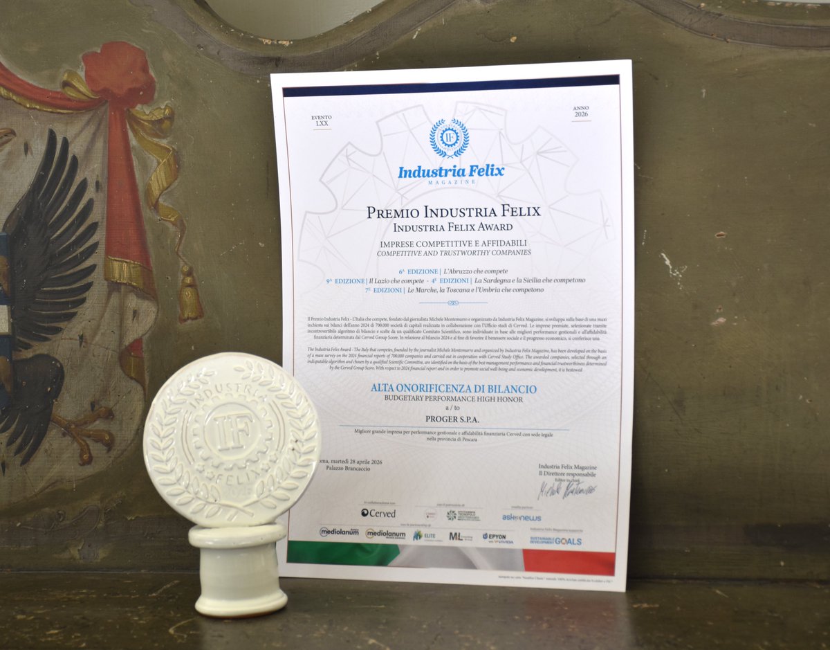 Proger_it's tweet photo. Premio #IndustriaFelix. L’Alta Onorificenza di Bilancio assegnata a Proger come riconoscimento per la solidità gestionale e l’affidabilità finanziaria. 
Leggi la news completa ➡️ https://t.co/86bD92nv9k https://t.co/7BF9VqutW6