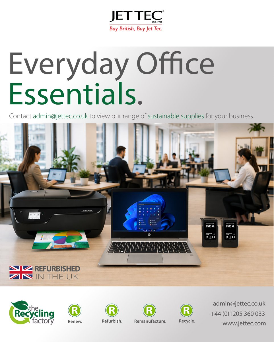 Jet_Tec's tweet photo. Upgrade Your Office Today 🔥

Our range of refurbished laptops, renewed printers and remanufactured cartridges helps reduce waste and keep your office running smoothly 👏

For more information, please contact admin@jettec.co.uk 📩

#OfficeUpgrade #RefurbishedTech https://t.co/Tc6vJlLQ97