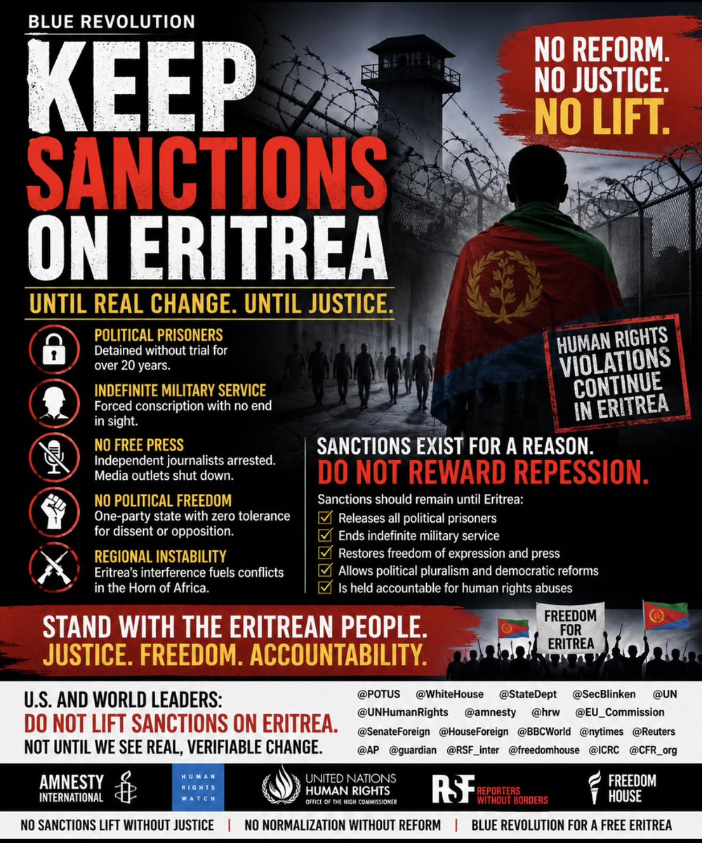 BahlbiY's tweet photo. As a member of the Blue Revolution, I strongly oppose any move to lift U.S. sanctions on Eritrea at this time. Multiple international human rights organizations including Amnesty International and Human Rights Watch—have for years documented severe abuses: indefinite national service, arbitrary detention, lack of due process, and the absence of independent media. These are not isolated claims—they are consistent, repeated findings.
#BlueRevolution #KeepSanctions
 #Eritrea #HornAfrica @POTUS @mrubin1971 @WhiteHouse @StateDept @UNHumanRights @EU_Commission @EGerasouli35992 
@UN @BBCWorld