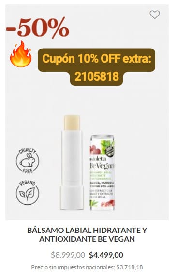 ViolettaBurzaco's tweet image. MEJORES OFERTAS de otoño 
🍂 Cuidá tus labios con este bálsamo vegano a 50% OFF  
+ 10% OFF EXTRA con el cupón: 2105818
✨ Envíos a todo el país  
💜 Descubrí todas las ofertas en violettacosmeticos.com
 
#Argentina #Belleza #BellezaNatural #VeganBeauty #cuidadofacial