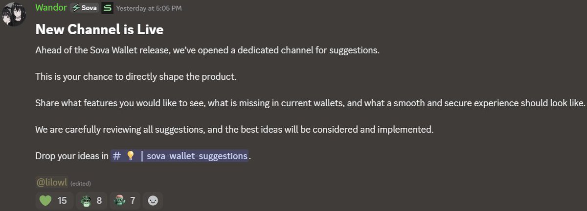 SovaBTC's tweet photo. We're building Sova Wallet for the community.

So we're giving you a chance to shape it with us.

The suggestions channel is now live on Discord.

Tell us what's missing in current wallets, what should be better, and what you'd actually use.

https://t.co/IttsYeBo1W https://t.co/AJUH2GRJns