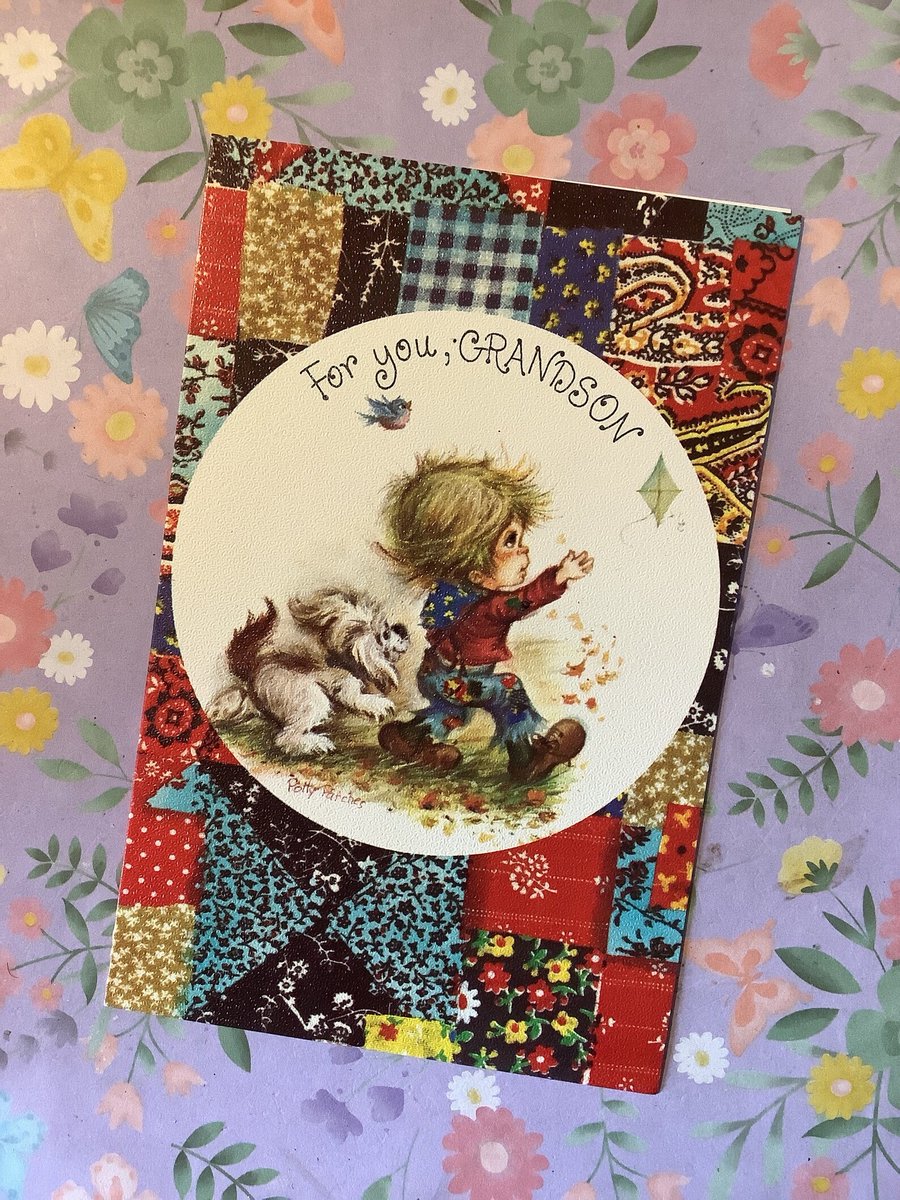 WatsonsVintage's tweet image. If you are bored with modern greetings cards then how about going Vintage? RARE Vintage Circa 1970s 'Happy Birthday, Grandson' Card  - A #PollyPatches Card - Cute Boy and Dog Design - Traditional - Sweet Greeting etsy.me/4vYrxFl via @Etsy #VintageCards #BirthdayCards