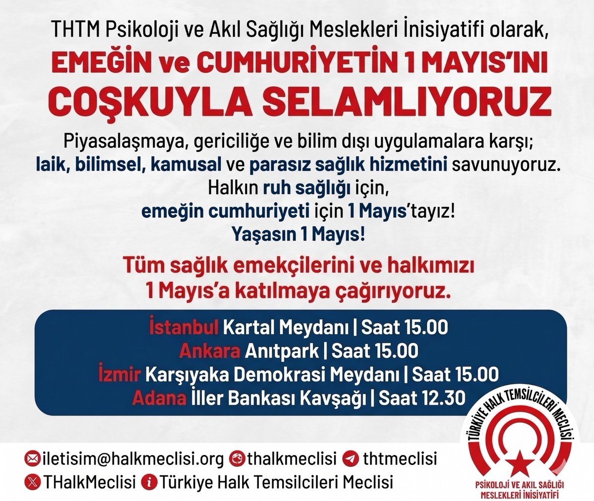 Thtmpsikoloji's tweet photo. Emeğin ve Cumhuriyetin 1 Mayıs'ını coşkuyla selamlıyoruz!
Piyasalaşmaya, gericiliğe ve bilim dışı uygulamalara karşı; laik, bilimsel, kamusal ve parasız sağlık hizmetlerini savunuyoruz.
Halkın ruh sağlığı için, emeğin cumhuriyeti için 1 Mayıs’tayız!
Yaşasın 1 Mayıs! https://t.co/dw140ZjQrg