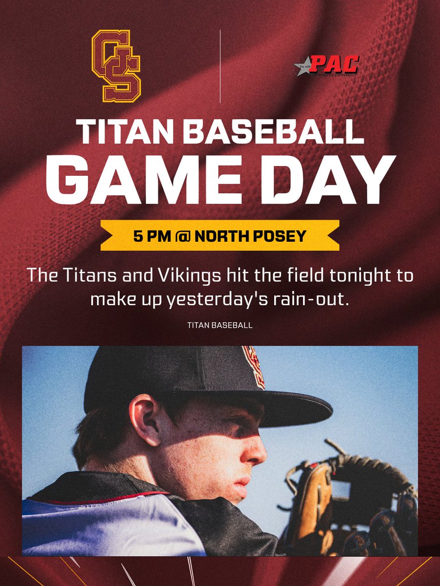 ⚡ TITAN GAMEDAY ⚡ 
The Titans take on the Vikings tonight in a makeup game from yesterday's rainout! ⚾ 

📅TONIGHT
🕐 5:00 PM
📍 North Posey High School 

⚡Let's go Titans!