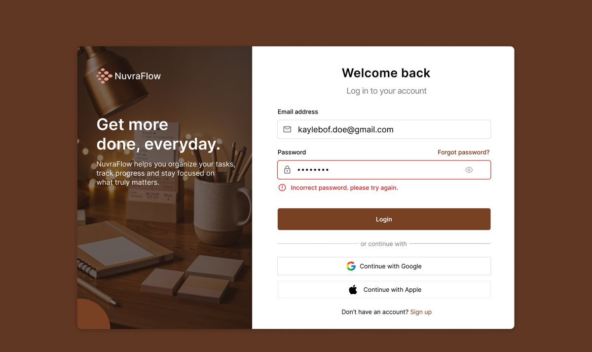 AgboladeUthman's tweet image. Day 2/10 — Web Authentication (SaaS) 🔐

Designed a clean desktop login page focused on clarity, error feedback, and a strong CTA.

Simple, fast, and frictionless.
@TechCrushHQ
@JoshOpaleke
#UIDesign #UXDesign #SaaS #Figma #ProductDesign