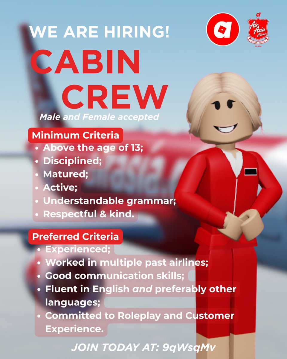 roblox_airasia's tweet image. We are currently hiring all departments, join our Discord for more information! 🛫✨

#Roblox #RobloxDev #aviation #roaviation #hiring